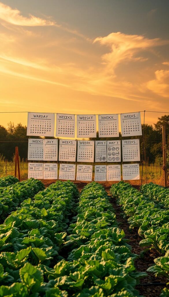 A lush vegetable garden in the peak of summer, with rows of thriving crops in the foreground. In the middle ground, a series of hand-drawn calendars depicting the weeks of the growing season, each marked with icons and symbols to represent the changing tasks and rhythms of tending the garden. The background features a warm, hazy sky with wispy clouds, casting a golden glow over the scene. The overall mood is one of abundance, anticipation, and a deep connection to the cyclical nature of the seasons. Captured with a wide-angle lens to emphasize the expansive, verdant setting. A lush vegetable garden in the peak of summer, with rows of thriving crops in the foreground. In the middle ground, a series of hand-drawn calendars depicting the weeks of the growing season, each marked with icons and symbols to represent the changing tasks and rhythms of tending the garden. The background features a warm, hazy sky with wispy clouds, casting a golden glow over the scene. The overall mood is one of abundance, anticipation, and a deep connection to the cyclical nature of the seasons. Captured with a wide-angle lens to emphasize the expansive, verdant setting.