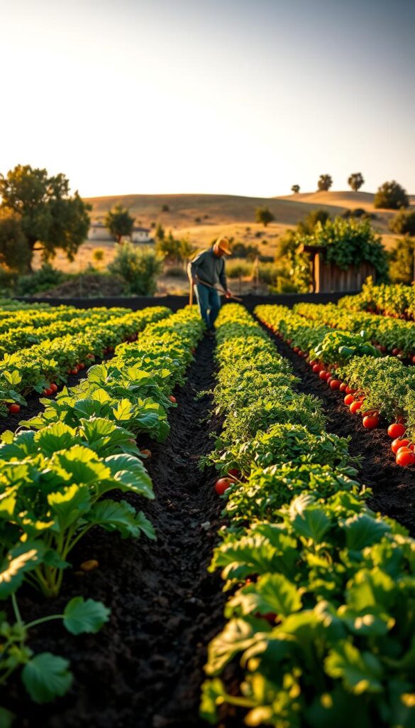 A lush vegetable garden in warm afternoon sunlight, the soil rich and dark. In the foreground, rows of verdant crops - leafy greens, vibrant carrots, and plump tomatoes - arranged in a systematic pattern. The middle ground features a farmer carefully tending to the plants, a hoe in hand, examining the soil. In the background, a rolling landscape dotted with mature fruit trees and a small, rustic shed. The scene conveys a sense of harmony, productivity, and the cyclical nature of crop rotation - a sustainable agricultural practice that replenishes the land. Captured with a wide-angle lens to emphasize the depth and expanse of the garden. A lush vegetable garden in warm afternoon sunlight, the soil rich and dark. In the foreground, rows of verdant crops - leafy greens, vibrant carrots, and plump tomatoes - arranged in a systematic pattern. The middle ground features a farmer carefully tending to the plants, a hoe in hand, examining the soil. In the background, a rolling landscape dotted with mature fruit trees and a small, rustic shed. The scene conveys a sense of harmony, productivity, and the cyclical nature of crop rotation - a sustainable agricultural practice that replenishes the land. Captured with a wide-angle lens to emphasize the depth and expanse of the garden.