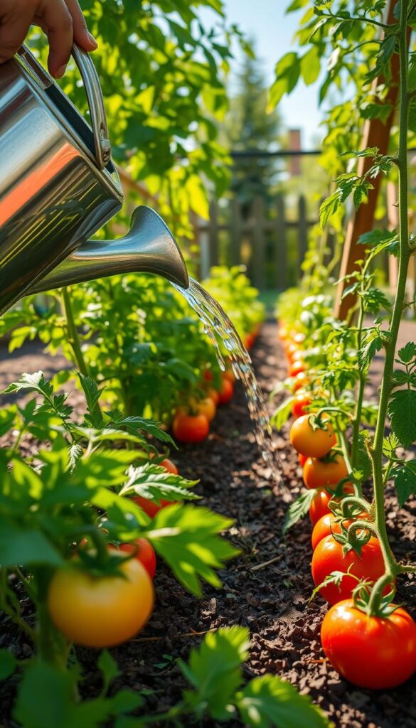 A lush vegetable garden on a sunny afternoon, the warm rays filtering through the leaves. In the foreground, a gardener carefully waters a row of thriving tomato plants, their vibrant green foliage and ripening fruit glistening with droplets. The soil is rich and dark, mulched with a layer of organic material to retain moisture. The watering can's spout gently sprinkles a soothing, even flow of water, nourishing the thirsty roots. In the background, a wooden trellis supports the vines, and a picket fence surrounds the garden, creating a sense of order and tranquility. The overall scene conveys the calm, steady rhythm that tomatoes thrive on, a harmonious dance of nature and human care.