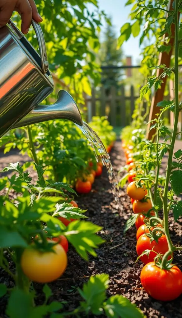 A lush vegetable garden on a sunny afternoon, the warm rays filtering through the leaves. In the foreground, a gardener carefully waters a row of thriving tomato plants, their vibrant green foliage and ripening fruit glistening with droplets. The soil is rich and dark, mulched with a layer of organic material to retain moisture. The watering can's spout gently sprinkles a soothing, even flow of water, nourishing the thirsty roots. In the background, a wooden trellis supports the vines, and a picket fence surrounds the garden, creating a sense of order and tranquility. The overall scene conveys the calm, steady rhythm that tomatoes thrive on, a harmonious dance of nature and human care. A lush vegetable garden on a sunny afternoon, the warm rays filtering through the leaves. In the foreground, a gardener carefully waters a row of thriving tomato plants, their vibrant green foliage and ripening fruit glistening with droplets. The soil is rich and dark, mulched with a layer of organic material to retain moisture. The watering can's spout gently sprinkles a soothing, even flow of water, nourishing the thirsty roots. In the background, a wooden trellis supports the vines, and a picket fence surrounds the garden, creating a sense of order and tranquility. The overall scene conveys the calm, steady rhythm that tomatoes thrive on, a harmonious dance of nature and human care.