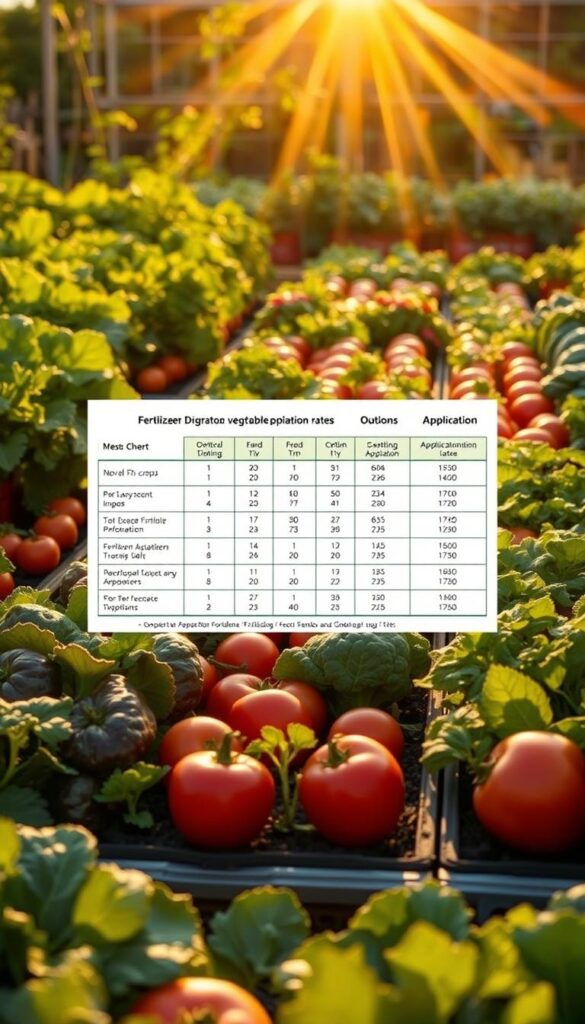 A lush vegetable garden under warm, golden sunlight. In the foreground, a variety of vegetables are arranged in neat rows, each with its own fertilizer application guide. The middle ground features a detailed chart outlining the optimal timing and application rates for different crops, with clear icons and measurements. In the background, a subtle grid pattern suggests a structured, scientific approach to gardening. The overall mood is one of productivity, organization, and the joy of growing healthy, nutritious produce. A lush vegetable garden under warm, golden sunlight. In the foreground, a variety of vegetables are arranged in neat rows, each with its own fertilizer application guide. The middle ground features a detailed chart outlining the optimal timing and application rates for different crops, with clear icons and measurements. In the background, a subtle grid pattern suggests a structured, scientific approach to gardening. The overall mood is one of productivity, organization, and the joy of growing healthy, nutritious produce.