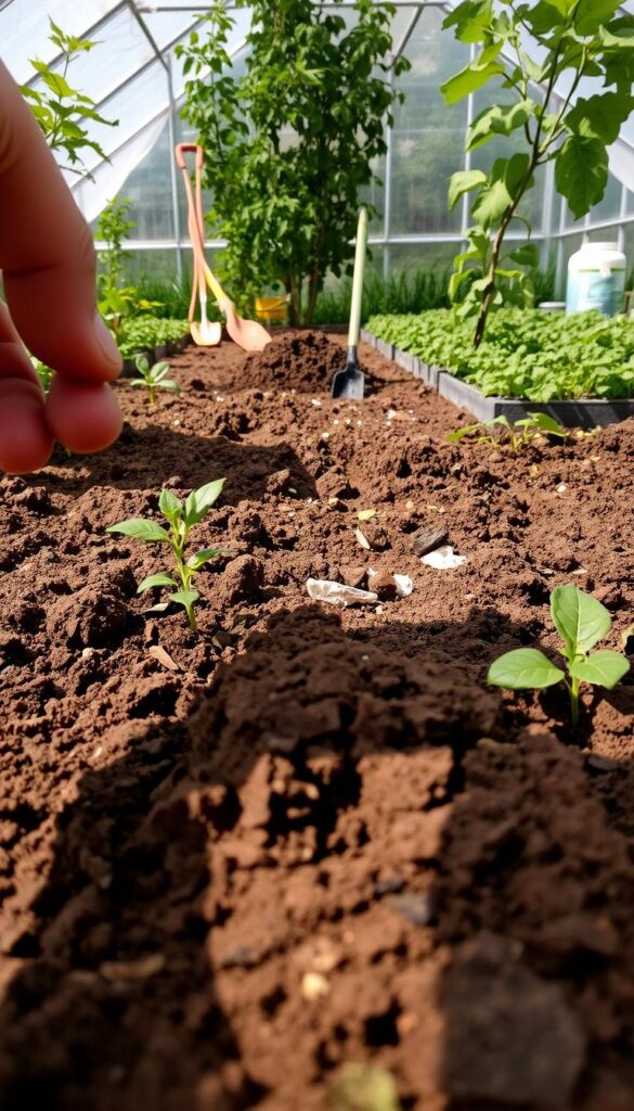 A lush vegetable garden with soil in the foreground, featuring a gardener's hand inspecting the texture and composition. The middle ground shows various garden tools and soil amendments like compost and fertilizer. In the background, a greenhouse or raised beds provide context. The lighting is natural, with soft shadows and a warm, earthy tone. The camera angle is low, capturing the scene from a gardener's perspective, emphasizing the importance of understanding and maintaining healthy garden soil.