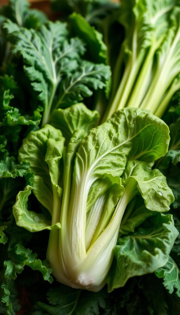 A lush, verdant arrangement of fresh bok choy and kale greens, bathed in soft, natural lighting. The bok choy leaves, with their distinctive pale green hues and delicate, crinkled textures, take center stage, surrounded by the deep, vibrant green of the kale. The produce appears freshly harvested, with water droplets glistening on the surfaces. The foreground is in sharp focus, while the background gently fades into a softly blurred, earthy tone, creating a sense of depth and emphasis on the subject. This image conveys the abundant, cool-season goodness of these two nutrient-dense greens, ready to be enjoyed in a variety of culinary preparations. A lush, verdant arrangement of fresh bok choy and kale greens, bathed in soft, natural lighting. The bok choy leaves, with their distinctive pale green hues and delicate, crinkled textures, take center stage, surrounded by the deep, vibrant green of the kale. The produce appears freshly harvested, with water droplets glistening on the surfaces. The foreground is in sharp focus, while the background gently fades into a softly blurred, earthy tone, creating a sense of depth and emphasis on the subject. This image conveys the abundant, cool-season goodness of these two nutrient-dense greens, ready to be enjoyed in a variety of culinary preparations.