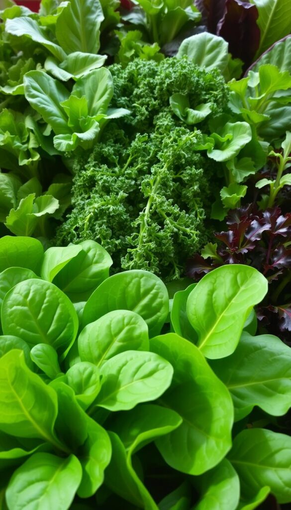 A lush, verdant arrangement of leafy greens thriving in a soft, diffused light. In the foreground, tender spinach leaves with delicate veining and a vibrant, emerald hue. In the middle ground, a mix of kale and swiss chard, their curly, textured foliage cascading gracefully. Surrounding them, a backdrop of romaine lettuce and arugula, their deep green tones complemented by hints of burgundy. The lighting is gentle, creating subtle shadows that accentuate the depth and dimensionality of the scene. The overall atmosphere is one of serene, natural abundance, showcasing the resilience and beauty of these leafy greens that flourish even in lower light conditions. A lush, verdant arrangement of leafy greens thriving in a soft, diffused light. In the foreground, tender spinach leaves with delicate veining and a vibrant, emerald hue. In the middle ground, a mix of kale and swiss chard, their curly, textured foliage cascading gracefully. Surrounding them, a backdrop of romaine lettuce and arugula, their deep green tones complemented by hints of burgundy. The lighting is gentle, creating subtle shadows that accentuate the depth and dimensionality of the scene. The overall atmosphere is one of serene, natural abundance, showcasing the resilience and beauty of these leafy greens that flourish even in lower light conditions.