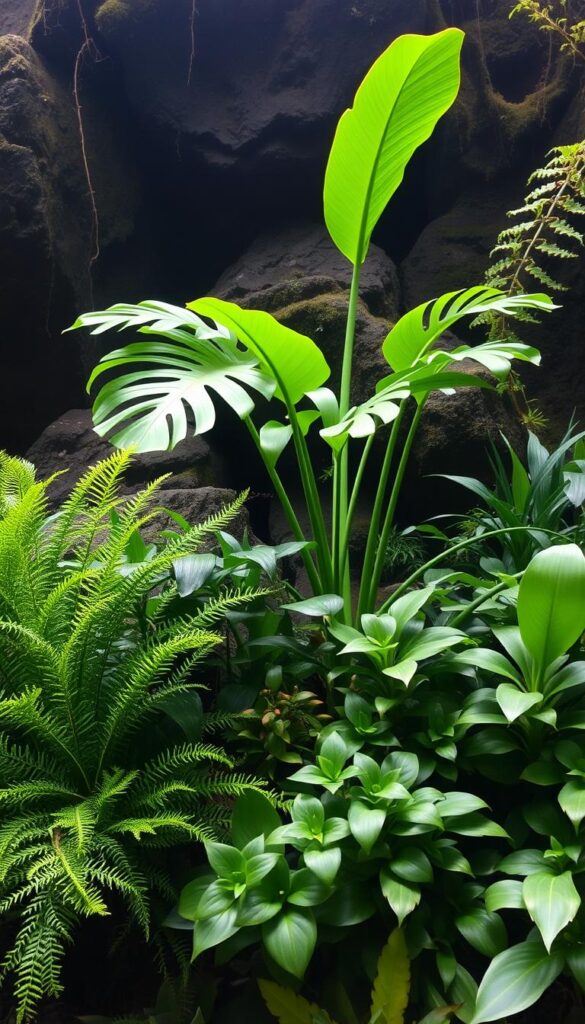 A lush, verdant arrangement of moisture-loving plants, thriving in a soft, diffused light. In the foreground, a cluster of ferns and philodendrons, their fronds gently unfurling. Surrounding them, a mix of leafy, water-retaining succulents and vibrant, tropical-inspired foliage. In the middle ground, a tall, graceful monstera plant, its broad leaves creating a natural canopy. The background features a harmonious blend of shadowy, moss-covered rocks and a hint of a serene, humid atmosphere. The overall composition evokes a sense of tranquility and a thriving, self-sustaining ecosystem.