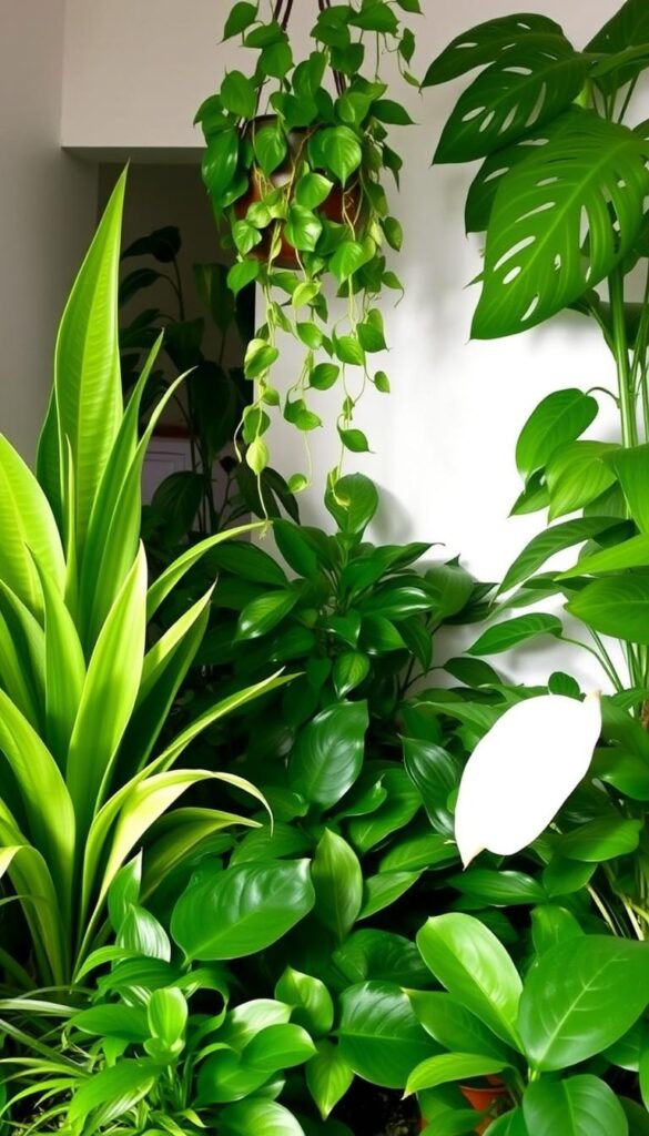 A lush, verdant arrangement of the best low-light houseplants for beginners. A soft, even light illuminates a foreground filled with diverse foliage: a tall, graceful snake plant, broad-leafed Chinese evergreen, and trailing pothos vines cascading from a hanging planter. The midground features a compact ZZ plant and a bushy peace lily, their dark green leaves contrasting with the lighter hues of the other plants. In the background, a shadowy corner is occupied by a thriving monstera, its distinctive fenestrated leaves visible. The overall scene conveys a sense of tranquility and easy-care thriving, perfect for a beginner's low-light space.