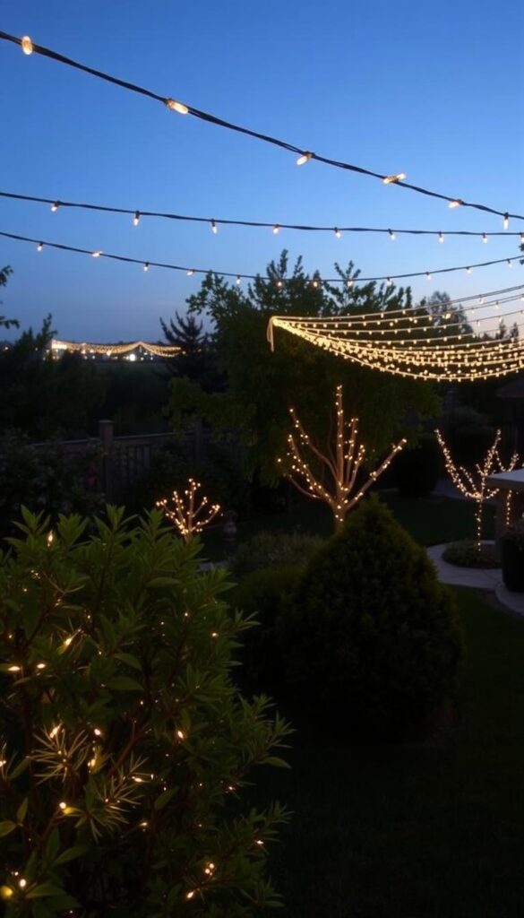 A lush, verdant backyard at dusk, adorned with a meticulously arranged array of string light sets. The foreground features a carefully curated selection of trees and shrubs, their branches delicately draped with a warm, even glow emanating from the intricate web of lights. The middle ground showcases the careful placement of the light sets, ensuring a seamless and visually appealing distribution of illumination without any unsightly hot spots. In the background, a softly lit horizon creates a serene, inviting atmosphere, drawing the viewer's eye to the captivating display of illumination. The overall scene evokes a sense of cozy, festive charm, perfectly suited for a holiday backyard setting.