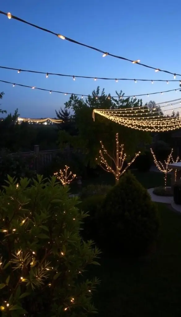 A lush, verdant backyard at dusk, adorned with a meticulously arranged array of string light sets. The foreground features a carefully curated selection of trees and shrubs, their branches delicately draped with a warm, even glow emanating from the intricate web of lights. The middle ground showcases the careful placement of the light sets, ensuring a seamless and visually appealing distribution of illumination without any unsightly hot spots. In the background, a softly lit horizon creates a serene, inviting atmosphere, drawing the viewer's eye to the captivating display of illumination. The overall scene evokes a sense of cozy, festive charm, perfectly suited for a holiday backyard setting.