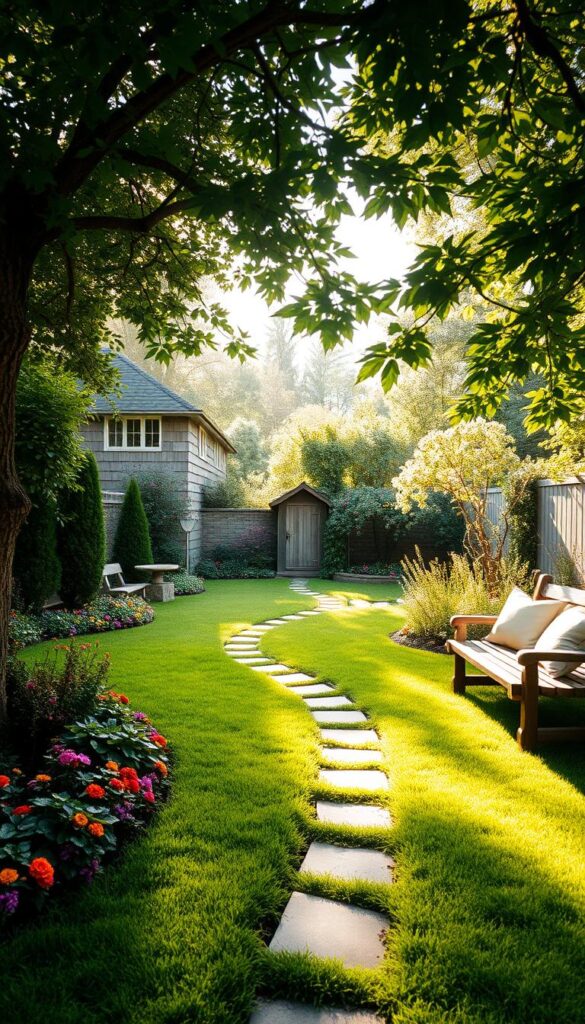 A lush, verdant backyard oasis with a well-manicured lawn, surrounded by vibrant flower beds and flourishing shrubs. A cozy seating area with a rustic wooden bench and plush cushions invites relaxation under the dappled sunlight filtering through the canopy of mature trees. A charming stone path winds through the scene, leading to a quaint garden shed in the distance. The overall atmosphere is one of peaceful tranquility, with a warm, golden glow cast by the gentle afternoon sun. The camera captures this inviting outdoor space from a low, slightly elevated angle, showcasing the harmonious blend of nature and thoughtful design.