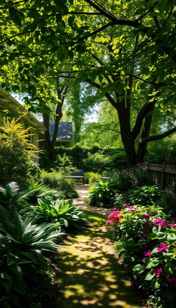 A lush, verdant backyard scene bathed in soft, dappled light filtering through the canopy of leafy trees. In the foreground, a tranquil garden path winds through a mix of vibrant shade-loving plants - ferns, hostas, and colorful begonias. Dappled shadows dance across the ground, creating a captivating interplay of light and shade. In the middle ground, a secluded seating area is nestled within the verdant foliage, inviting one to pause and bask in the serene atmosphere. The background is filled with a diversity of towering trees, their branches creating a natural, sun-dappled canopy overhead. The overall scene exudes a sense of peaceful seclusion, showcasing the beauty and potential of a shady garden oasis.