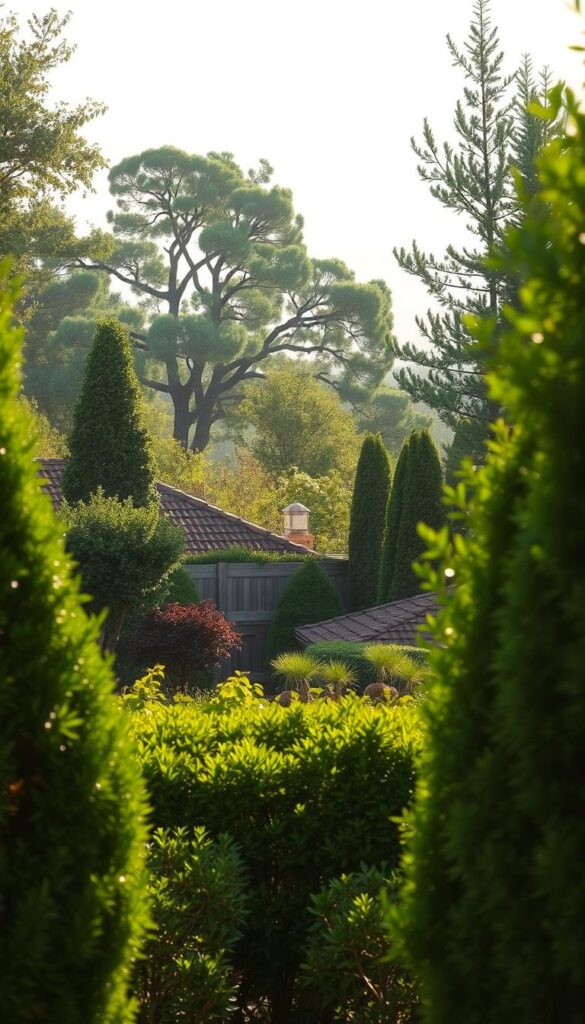 A lush, verdant backyard scene with a focus on the sightlines and placement of foliage. In the foreground, a carefully curated arrangement of shrubs, plants, and small trees creates a natural visual barrier, obscuring the view into the property. The midground features a mix of taller trees and ornamental plants, their branches and leaves forming an elegant, layered canopy. In the distant background, a soft, hazy horizon line blends seamlessly with the sky, creating a sense of depth and tranquility. The lighting is soft and diffused, casting a warm, golden glow across the scene. The overall mood is one of serene privacy and thoughtful landscape design.