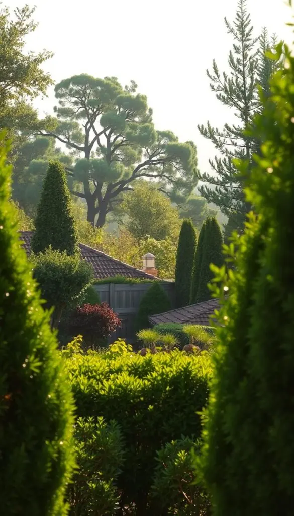 A lush, verdant backyard scene with a focus on the sightlines and placement of foliage. In the foreground, a carefully curated arrangement of shrubs, plants, and small trees creates a natural visual barrier, obscuring the view into the property. The midground features a mix of taller trees and ornamental plants, their branches and leaves forming an elegant, layered canopy. In the distant background, a soft, hazy horizon line blends seamlessly with the sky, creating a sense of depth and tranquility. The lighting is soft and diffused, casting a warm, golden glow across the scene. The overall mood is one of serene privacy and thoughtful landscape design. A lush, verdant backyard scene with a focus on the sightlines and placement of foliage. In the foreground, a carefully curated arrangement of shrubs, plants, and small trees creates a natural visual barrier, obscuring the view into the property. The midground features a mix of taller trees and ornamental plants, their branches and leaves forming an elegant, layered canopy. In the distant background, a soft, hazy horizon line blends seamlessly with the sky, creating a sense of depth and tranquility. The lighting is soft and diffused, casting a warm, golden glow across the scene. The overall mood is one of serene privacy and thoughtful landscape design.