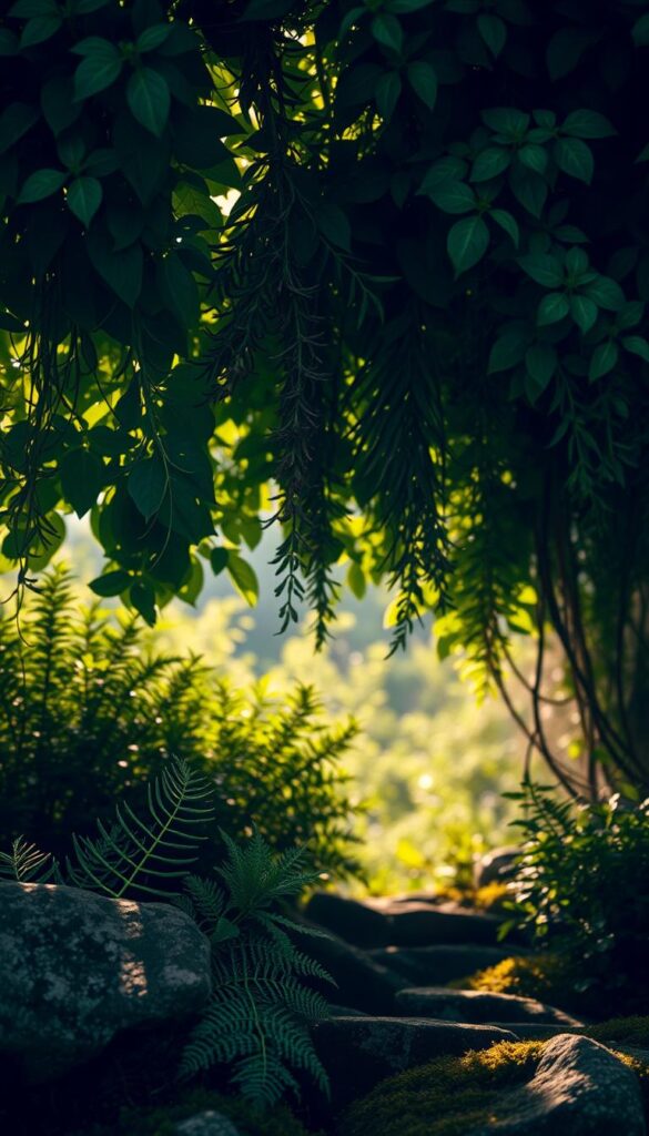 A lush, verdant canopy of herbs casting soft, dappled shadows on the ground below. Vibrant leaves of basil, rosemary, thyme, and oregano sway gently in the filtered sunlight, their aromatic essences mingling in the still air. In the foreground, delicate fern fronds and mossy stones create a serene, enchanting understory, while the background fades into a hazy blur of deeper greens and browns. The lighting is soft and natural, with a warm, golden glow subtly illuminating the scene. A sense of calm and tranquility pervades the sheltered, shaded sanctuary, inviting one to slow down and savor the quiet, restorative power of these resilient, shade-loving herbs. A lush, verdant canopy of herbs casting soft, dappled shadows on the ground below. Vibrant leaves of basil, rosemary, thyme, and oregano sway gently in the filtered sunlight, their aromatic essences mingling in the still air. In the foreground, delicate fern fronds and mossy stones create a serene, enchanting understory, while the background fades into a hazy blur of deeper greens and browns. The lighting is soft and natural, with a warm, golden glow subtly illuminating the scene. A sense of calm and tranquility pervades the sheltered, shaded sanctuary, inviting one to slow down and savor the quiet, restorative power of these resilient, shade-loving herbs.