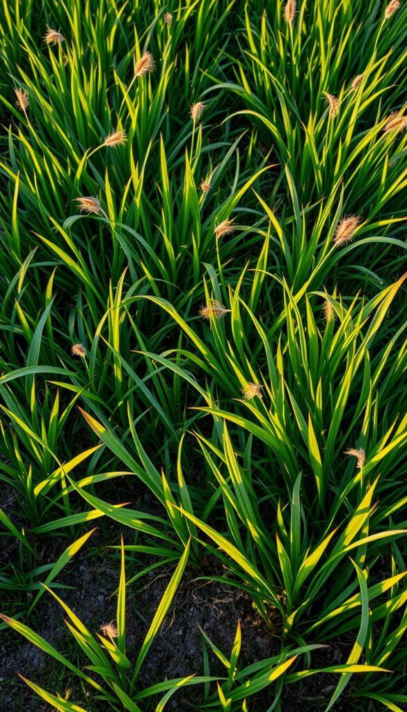 A lush, verdant carpet of cool-season grasses, bathed in warm, golden evening light. The blades sway gently, their vibrant green hues contrasting against the rich, earthy tones of the soil. Scattered throughout, delicate seedheads bob and dance, their wispy plumes catching the breeze. In the foreground, crisp, clean lines define a well-trodden path, the grasses parting to reveal the compacted earth beneath. A sense of tranquility and order pervades the scene, inviting the viewer to envision the quiet transition from summer's heat to autumn's chill. Captured with a wide-angle lens, the composition emphasizes the grasses' resilience and the subtle beauty of a lawn in flux.