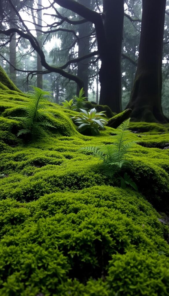 A lush, verdant carpet of delicate moss covers the shady, damp ground. The mossy terrain is illuminated by soft, diffused lighting, creating an ethereal, almost magical atmosphere. In the middle ground, ferns and other shade-loving plants emerge from the mossy tapestry, adding depth and texture. The background is filled with the silhouettes of tall, ancient trees, their branches forming a natural canopy overhead. The overall scene conveys a sense of tranquility, inviting the viewer to step into this serene, low-maintenance oasis.