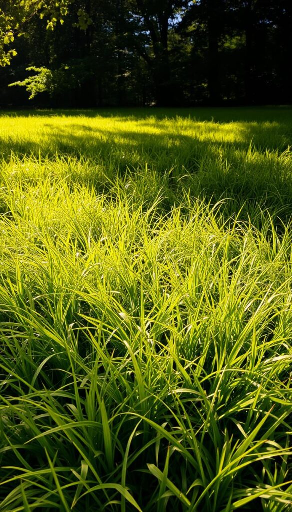 A lush, verdant carpet of fescue grass blades, each blade meticulously rendered with intricate textures and subtle variations in hue. The grass grows in a dense, uniform pattern, creating a soft, inviting surface that appears effortlessly natural. Dappled sunlight filters through the leaves of surrounding trees, casting warm, golden shadows across the fescue, accentuating its vibrant green tones. The composition is framed by the understory of the shaded woodland, hinting at the ideal conditions for this resilient, shade-tolerant grass variety. A sense of tranquility and serenity permeates the scene, inviting the viewer to imagine the soothing sensation of walking barefoot through this harmonious fescue blend.
