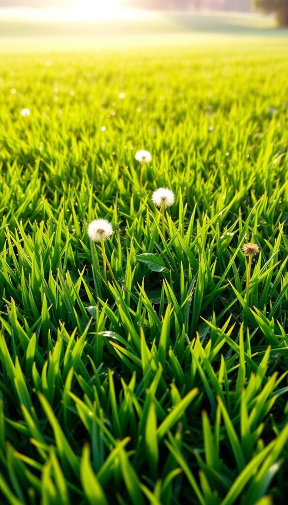 A lush, verdant carpet of freshly mowed grass, its blades glistening with morning dew. The foreground showcases a vibrant mix of common lawn grass varieties, each blade meticulously detailed. In the middle ground, a few scattered dandelions and clover plants add subtle pops of color, hinting at the common mistakes homeowners make in weed management. The background features a soft, blurred landscape, with the sun's warm rays gently illuminating the scene, creating a serene and inviting atmosphere. The overall composition emphasizes the importance of proper grass selection and maintenance for a beautiful, healthy lawn. A lush, verdant carpet of freshly mowed grass, its blades glistening with morning dew. The foreground showcases a vibrant mix of common lawn grass varieties, each blade meticulously detailed. In the middle ground, a few scattered dandelions and clover plants add subtle pops of color, hinting at the common mistakes homeowners make in weed management. The background features a soft, blurred landscape, with the sun's warm rays gently illuminating the scene, creating a serene and inviting atmosphere. The overall composition emphasizes the importance of proper grass selection and maintenance for a beautiful, healthy lawn.