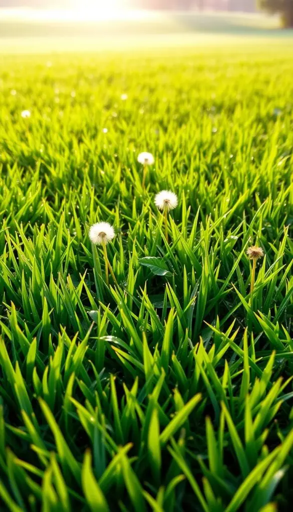 A lush, verdant carpet of freshly mowed grass, its blades glistening with morning dew. The foreground showcases a vibrant mix of common lawn grass varieties, each blade meticulously detailed. In the middle ground, a few scattered dandelions and clover plants add subtle pops of color, hinting at the common mistakes homeowners make in weed management. The background features a soft, blurred landscape, with the sun's warm rays gently illuminating the scene, creating a serene and inviting atmosphere. The overall composition emphasizes the importance of proper grass selection and maintenance for a beautiful, healthy lawn. A lush, verdant carpet of freshly mowed grass, its blades glistening with morning dew. The foreground showcases a vibrant mix of common lawn grass varieties, each blade meticulously detailed. In the middle ground, a few scattered dandelions and clover plants add subtle pops of color, hinting at the common mistakes homeowners make in weed management. The background features a soft, blurred landscape, with the sun's warm rays gently illuminating the scene, creating a serene and inviting atmosphere. The overall composition emphasizes the importance of proper grass selection and maintenance for a beautiful, healthy lawn.