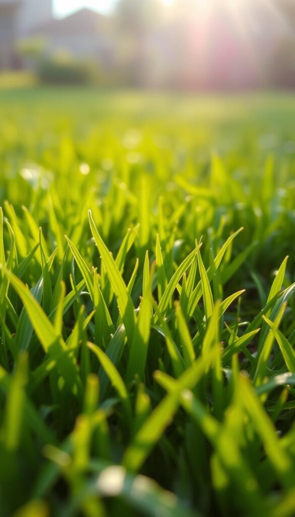 A lush, verdant carpet of freshly sprouted grass blades gently swaying in the soft breeze. Bright green hues shimmer under the warm, golden-hour sunlight, casting a natural, inviting glow. The blades appear delicate yet resilient, with a subtle, feathery texture that invites touch. The foreground is in sharp focus, while the background fades into a hazy, out-of-focus blur, emphasizing the vibrant new growth. This tranquil, serene scene evokes a sense of renewal and the promise of a thriving, healthy lawn.