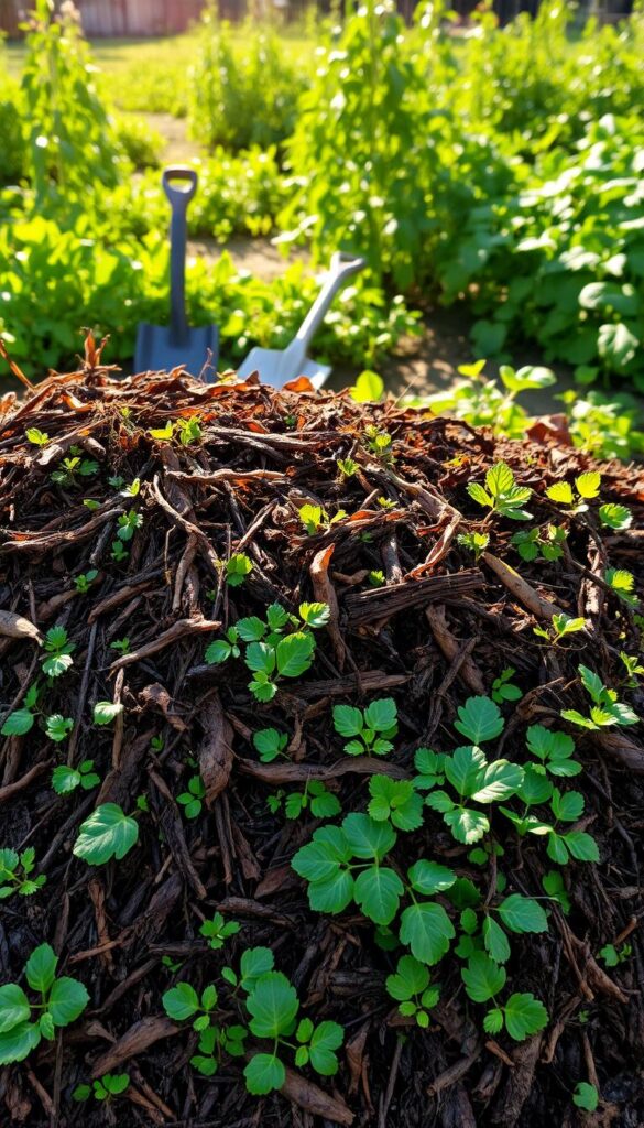 A lush, verdant compost pile in the foreground, with a balanced ratio of brown (carbon-rich) and green (nitrogen-rich) organic matter. Sunlight filters through the layers, illuminating the rich, earthy tones. In the middle ground, a pair of gardening gloves and a shovel hint at the manual labor involved in maintaining this natural cycle. The background features a bountiful garden, a testament to the transformative power of this nutrient-dense compost. The scene radiates a sense of harmony, where nature's elements work in perfect synchronicity to create the ideal conditions for thriving plant life. A lush, verdant compost pile in the foreground, with a balanced ratio of brown (carbon-rich) and green (nitrogen-rich) organic matter. Sunlight filters through the layers, illuminating the rich, earthy tones. In the middle ground, a pair of gardening gloves and a shovel hint at the manual labor involved in maintaining this natural cycle. The background features a bountiful garden, a testament to the transformative power of this nutrient-dense compost. The scene radiates a sense of harmony, where nature's elements work in perfect synchronicity to create the ideal conditions for thriving plant life.