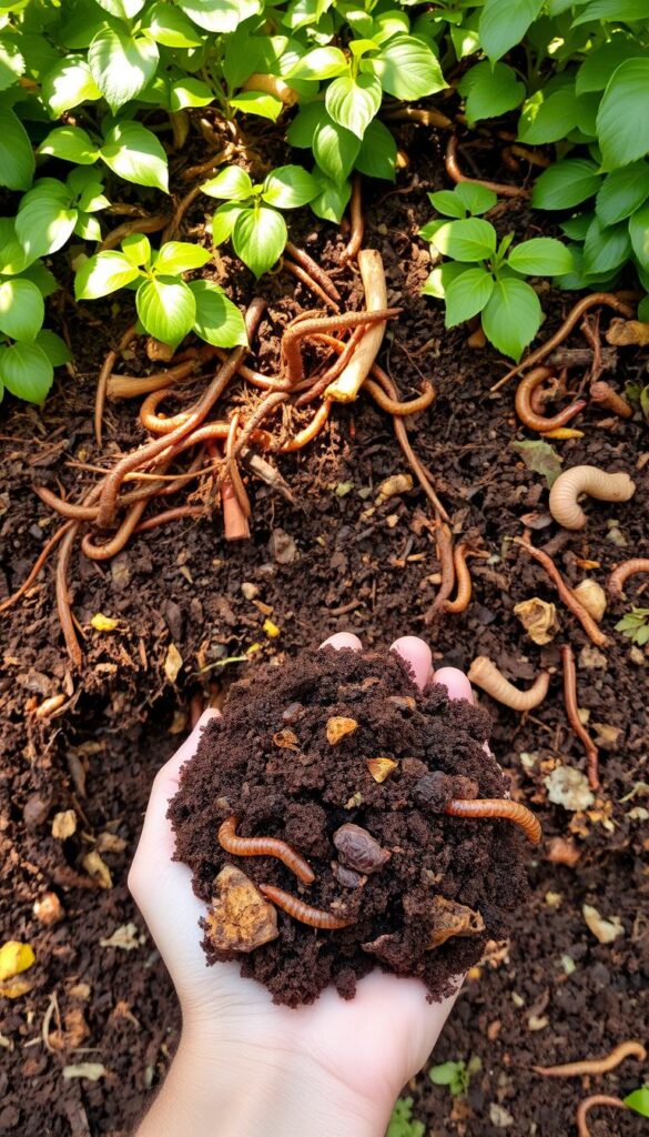 A lush, verdant compost pile, its layers of decomposing organic matter blending seamlessly into a rich, dark humus. Sunlight filters through the leaves, casting a warm, earthy glow over the scene. Earthworms and microbes teem within, actively breaking down the materials into nutrient-dense soil. The texture is crumbly and moist, exuding a pleasant, earthy aroma. In the foreground, a handful of the finished compost is held, revealing its deep, chocolatey hue and its ability to nourish and enrich the surrounding garden beds. A sense of abundance and renewal permeates the image, capturing the essence of transforming waste into garden gold. A lush, verdant compost pile, its layers of decomposing organic matter blending seamlessly into a rich, dark humus. Sunlight filters through the leaves, casting a warm, earthy glow over the scene. Earthworms and microbes teem within, actively breaking down the materials into nutrient-dense soil. The texture is crumbly and moist, exuding a pleasant, earthy aroma. In the foreground, a handful of the finished compost is held, revealing its deep, chocolatey hue and its ability to nourish and enrich the surrounding garden beds. A sense of abundance and renewal permeates the image, capturing the essence of transforming waste into garden gold.