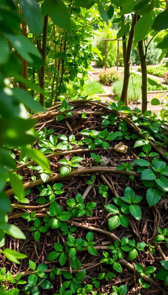 A lush, verdant compost pile sits nestled in the dappled sunlight of a thriving garden. Layers of brown, woody materials and vibrant green foliage intertwine, creating a cozy, insulated environment. Earthy aromas emanate from the slowly decomposing organic matter, hinting at the rich, fertile soil that will eventually result. The scene is framed by a backdrop of verdant foliage, with hints of a well-tended garden visible in the distance. The overall atmosphere is one of calm, patient transformation, reflecting the slow, hands-off approach of cold composting. A lush, verdant compost pile sits nestled in the dappled sunlight of a thriving garden. Layers of brown, woody materials and vibrant green foliage intertwine, creating a cozy, insulated environment. Earthy aromas emanate from the slowly decomposing organic matter, hinting at the rich, fertile soil that will eventually result. The scene is framed by a backdrop of verdant foliage, with hints of a well-tended garden visible in the distance. The overall atmosphere is one of calm, patient transformation, reflecting the slow, hands-off approach of cold composting.