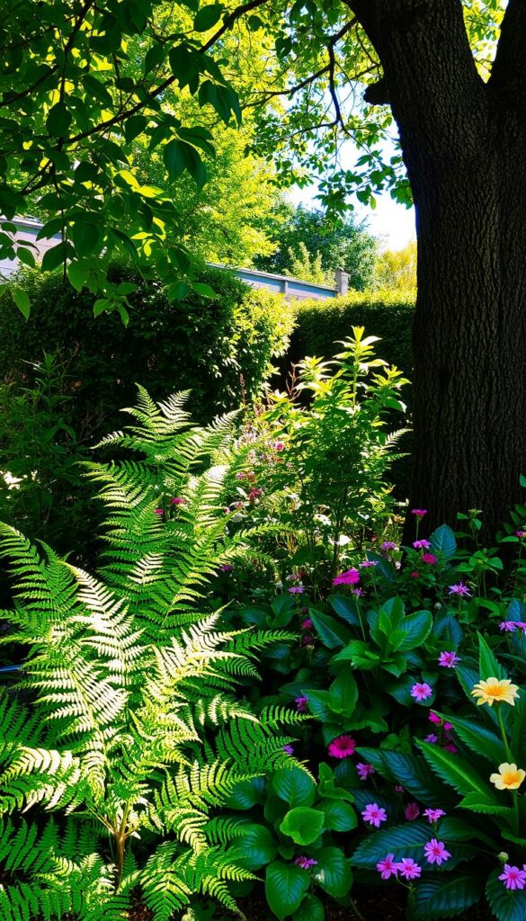 A lush, verdant corner of a small garden, partially shaded by the gentle canopy of a mature tree. Dappled sunlight filters through the leaves, casting a warm, golden glow on the diverse array of shade-loving plants below. In the foreground, a cluster of delicate ferns sway gently in the breeze, their fronds creating a tapestry of intricate textures. Mid-ground, a vibrant carpet of emerald-hued foliage, punctuated by the bold, colorful blooms of shade-tolerant perennials. In the background, the trunk of the tree rises majestically, its branches reaching skyward, providing the perfect shelter for this shaded oasis. The overall atmosphere is one of tranquility and serenity, inviting the viewer to pause and appreciate the beauty of nature in a small, intimate garden setting. A lush, verdant corner of a small garden, partially shaded by the gentle canopy of a mature tree. Dappled sunlight filters through the leaves, casting a warm, golden glow on the diverse array of shade-loving plants below. In the foreground, a cluster of delicate ferns sway gently in the breeze, their fronds creating a tapestry of intricate textures. Mid-ground, a vibrant carpet of emerald-hued foliage, punctuated by the bold, colorful blooms of shade-tolerant perennials. In the background, the trunk of the tree rises majestically, its branches reaching skyward, providing the perfect shelter for this shaded oasis. The overall atmosphere is one of tranquility and serenity, inviting the viewer to pause and appreciate the beauty of nature in a small, intimate garden setting.