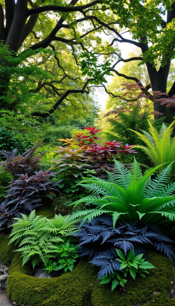 A lush, verdant display of shade-loving foliage in a serene, natural setting. In the foreground, delicate ferns and vibrant hostas in shades of green, purple, and variegated patterns cascade over mossy rocks. The middle ground features the broad, glossy leaves of Japanese maples and the feathery fronds of Japanese painted ferns, creating a layered, three-dimensional effect. In the background, the dappled light filters through a canopy of towering oak and maple trees, casting a warm, golden glow over the entire scene. The composition is balanced, with a sense of tranquility and harmony, inviting the viewer to pause and appreciate the beauty of these resilient, low-maintenance shade plants. A lush, verdant display of shade-loving foliage in a serene, natural setting. In the foreground, delicate ferns and vibrant hostas in shades of green, purple, and variegated patterns cascade over mossy rocks. The middle ground features the broad, glossy leaves of Japanese maples and the feathery fronds of Japanese painted ferns, creating a layered, three-dimensional effect. In the background, the dappled light filters through a canopy of towering oak and maple trees, casting a warm, golden glow over the entire scene. The composition is balanced, with a sense of tranquility and harmony, inviting the viewer to pause and appreciate the beauty of these resilient, low-maintenance shade plants.