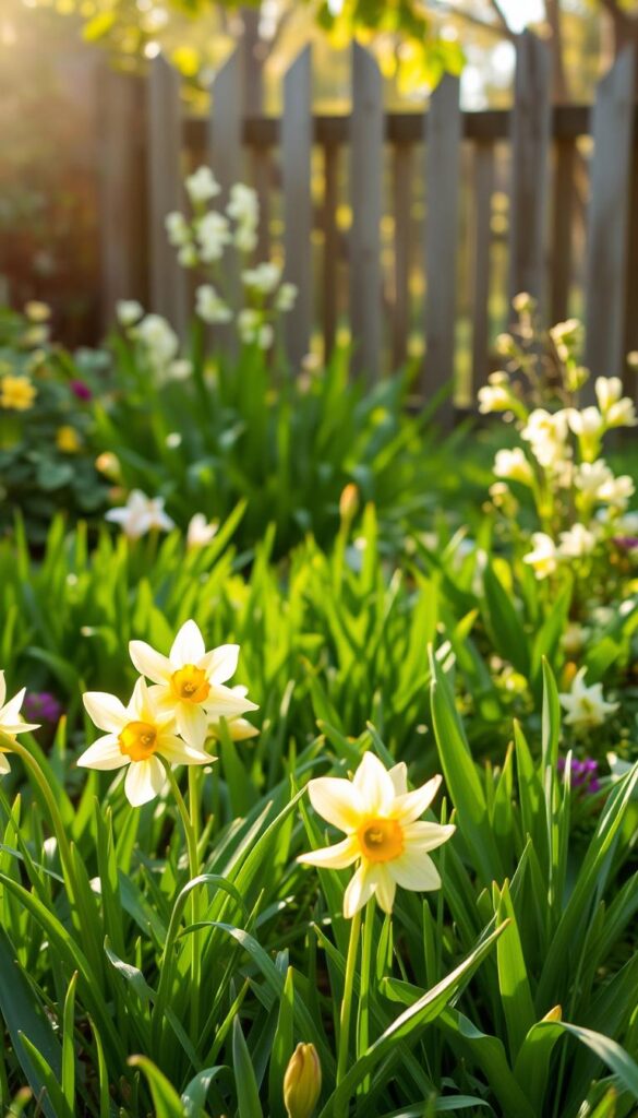 A lush, verdant early spring garden scene, with a gentle soft focus and warm, golden afternoon light filtering through the leaves. In the foreground, delicate pastel-colored flowers like daffodils, tulips, and crocuses bloom, their petals gently swaying in a light breeze. The middle ground features flourishing green foliage, with the new growth of perennials and shrubs just emerging. In the background, a wooden garden fence or gate, partially obscured by the blooming plants, creates a sense of peaceful enclosure. The overall composition conveys a tranquil, rejuvenating atmosphere, inviting the viewer to step into this serene early springtime oasis. A lush, verdant early spring garden scene, with a gentle soft focus and warm, golden afternoon light filtering through the leaves. In the foreground, delicate pastel-colored flowers like daffodils, tulips, and crocuses bloom, their petals gently swaying in a light breeze. The middle ground features flourishing green foliage, with the new growth of perennials and shrubs just emerging. In the background, a wooden garden fence or gate, partially obscured by the blooming plants, creates a sense of peaceful enclosure. The overall composition conveys a tranquil, rejuvenating atmosphere, inviting the viewer to step into this serene early springtime oasis.