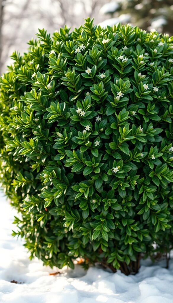 A lush, verdant evergreen shrub stands tall, its glossy, deep green foliage illuminated by soft, diffused natural light. The plant's dense, rounded form fills the middle ground, with a hint of a snowy winter landscape visible in the soft, hazy background. The shrub's delicate white flowers, like tiny stars, dot the branches, adding a touch of enchanting winter charm. Subtle shadows and highlights accentuate the plant's intricate textures and forms, creating a sense of depth and dimensionality. The overall mood is one of serene, cozy winter tranquility, perfect for illustrating the section on evergreen shrubs that bloom through the cold season. A lush, verdant evergreen shrub stands tall, its glossy, deep green foliage illuminated by soft, diffused natural light. The plant's dense, rounded form fills the middle ground, with a hint of a snowy winter landscape visible in the soft, hazy background. The shrub's delicate white flowers, like tiny stars, dot the branches, adding a touch of enchanting winter charm. Subtle shadows and highlights accentuate the plant's intricate textures and forms, creating a sense of depth and dimensionality. The overall mood is one of serene, cozy winter tranquility, perfect for illustrating the section on evergreen shrubs that bloom through the cold season.