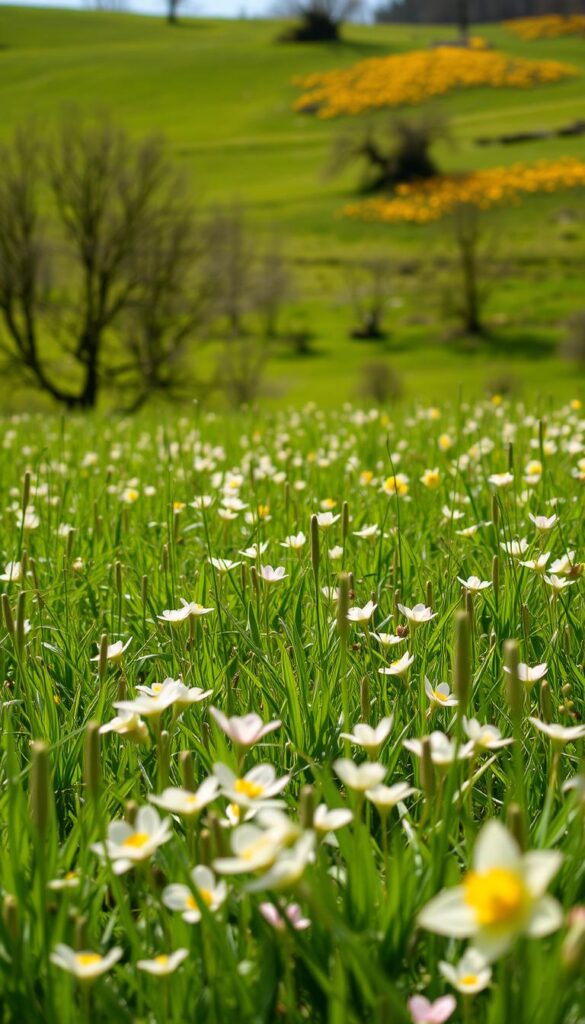 A lush, verdant field bathed in the warm glow of early spring sunshine. In the foreground, a vibrant carpet of blooming wildflowers - delicate, pastel-hued petals swaying gently in a soft breeze. In the middle ground, budding trees and shrubs, their fresh green foliage just beginning to unfurl. In the background, a rolling hillside dotted with clusters of daffodils, their cheerful yellow blooms reaching up towards the sky. The scene exudes a sense of renewal and the promise of the season to come, inviting the viewer to immerse themselves in the tranquil beauty of an early spring landscape.