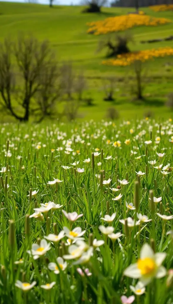 A lush, verdant field bathed in the warm glow of early spring sunshine. In the foreground, a vibrant carpet of blooming wildflowers - delicate, pastel-hued petals swaying gently in a soft breeze. In the middle ground, budding trees and shrubs, their fresh green foliage just beginning to unfurl. In the background, a rolling hillside dotted with clusters of daffodils, their cheerful yellow blooms reaching up towards the sky. The scene exudes a sense of renewal and the promise of the season to come, inviting the viewer to immerse themselves in the tranquil beauty of an early spring landscape. A lush, verdant field bathed in the warm glow of early spring sunshine. In the foreground, a vibrant carpet of blooming wildflowers - delicate, pastel-hued petals swaying gently in a soft breeze. In the middle ground, budding trees and shrubs, their fresh green foliage just beginning to unfurl. In the background, a rolling hillside dotted with clusters of daffodils, their cheerful yellow blooms reaching up towards the sky. The scene exudes a sense of renewal and the promise of the season to come, inviting the viewer to immerse themselves in the tranquil beauty of an early spring landscape.