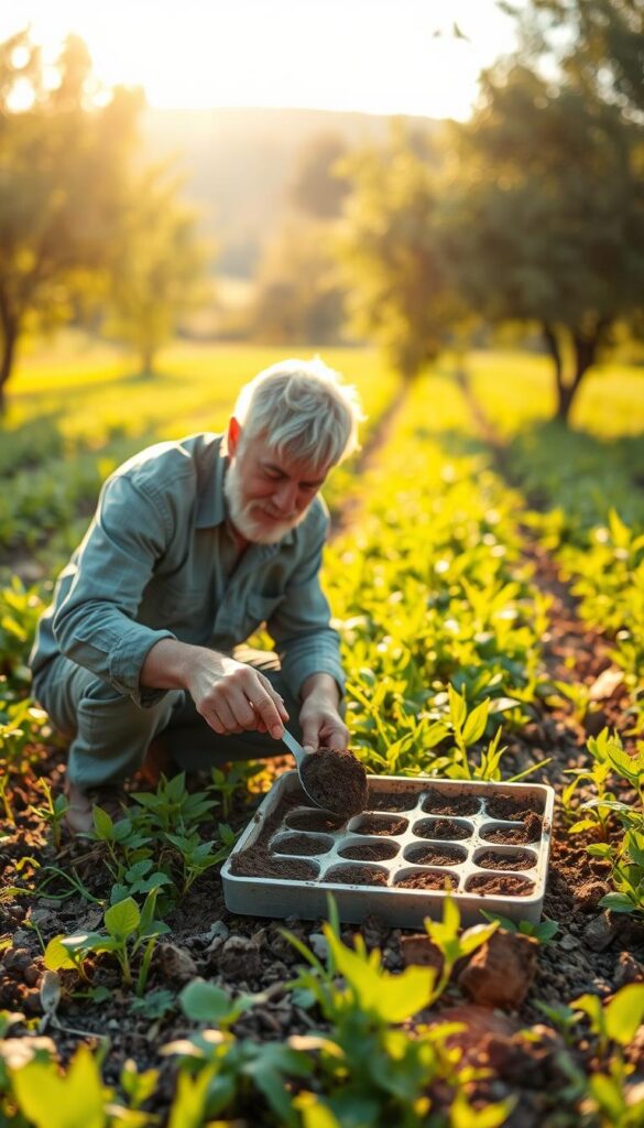 A lush, verdant field in the heart of the countryside, with a farmer kneeling down, gently scooping soil samples into a collection tray. The warm, golden sunlight filters through the leafy trees, casting a soft, natural glow over the scene. The farmer's weathered hands carefully examine the soil, noting its texture and color, as they prepare to test the pH levels. The background is filled with a harmonious blend of greens, browns, and blues, creating a serene, bucolic atmosphere. The composition is balanced, with the farmer in the foreground, the soil samples in the middle ground, and the natural landscape in the background, providing a sense of depth and context.