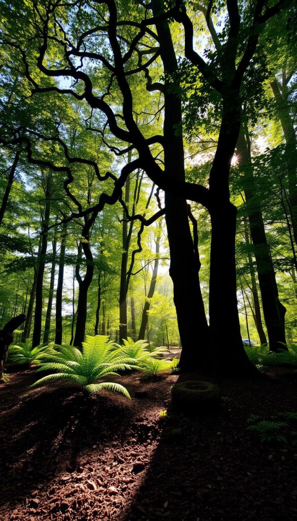 A lush, verdant forest canopy casts dappled shadows over a serene woodland floor. Sunlight filters through the leaves, creating a warm, diffused glow that illuminates the rich, loamy soil beneath. Tall, stately trees with twisting branches stand as natural sentinels, their trunks casting long, angular shadows that stretch across the ground. Ferns and mosses thrive in the shaded areas, their delicate fronds rustling gently in the breeze. The atmosphere is one of tranquility and calm, inviting exploration and contemplation of the intricate interplay between light, vegetation, and the living earth.