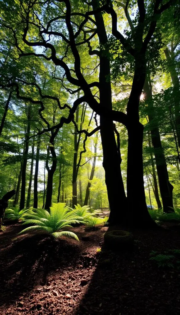 A lush, verdant forest canopy casts dappled shadows over a serene woodland floor. Sunlight filters through the leaves, creating a warm, diffused glow that illuminates the rich, loamy soil beneath. Tall, stately trees with twisting branches stand as natural sentinels, their trunks casting long, angular shadows that stretch across the ground. Ferns and mosses thrive in the shaded areas, their delicate fronds rustling gently in the breeze. The atmosphere is one of tranquility and calm, inviting exploration and contemplation of the intricate interplay between light, vegetation, and the living earth.