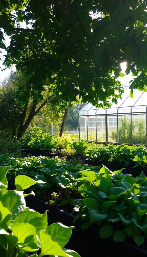A lush, verdant garden bathed in soft, dappled sunlight. A canopy of leafy trees filters the golden rays, creating patterns of light and shadow across the beds of thriving vegetables below. In the foreground, vibrant greens and broad leaves sway gently in a gentle breeze, their textures hinting at the moisture-retaining soil beneath. The middle ground features a mix of low-growing plants, their foliage cascading over the edges of raised planters. In the background, the outline of a sturdy greenhouse structure can be seen, its glass panels diffusing the light to create an even, diffused illumination. The overall atmosphere is one of tranquility and abundance, where plants thrive in the comfortable embrace of partial shade. A lush, verdant garden bathed in soft, dappled sunlight. A canopy of leafy trees filters the golden rays, creating patterns of light and shadow across the beds of thriving vegetables below. In the foreground, vibrant greens and broad leaves sway gently in a gentle breeze, their textures hinting at the moisture-retaining soil beneath. The middle ground features a mix of low-growing plants, their foliage cascading over the edges of raised planters. In the background, the outline of a sturdy greenhouse structure can be seen, its glass panels diffusing the light to create an even, diffused illumination. The overall atmosphere is one of tranquility and abundance, where plants thrive in the comfortable embrace of partial shade.