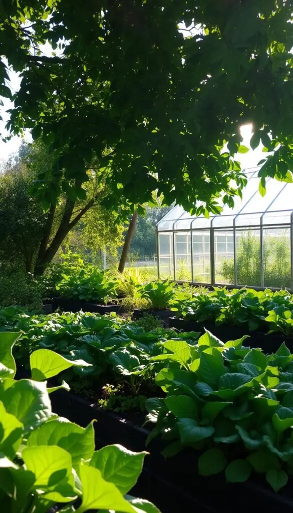 A lush, verdant garden bathed in soft, dappled sunlight. A canopy of leafy trees filters the golden rays, creating patterns of light and shadow across the beds of thriving vegetables below. In the foreground, vibrant greens and broad leaves sway gently in a gentle breeze, their textures hinting at the moisture-retaining soil beneath. The middle ground features a mix of low-growing plants, their foliage cascading over the edges of raised planters. In the background, the outline of a sturdy greenhouse structure can be seen, its glass panels diffusing the light to create an even, diffused illumination. The overall atmosphere is one of tranquility and abundance, where plants thrive in the comfortable embrace of partial shade. A lush, verdant garden bathed in soft, dappled sunlight. A canopy of leafy trees filters the golden rays, creating patterns of light and shadow across the beds of thriving vegetables below. In the foreground, vibrant greens and broad leaves sway gently in a gentle breeze, their textures hinting at the moisture-retaining soil beneath. The middle ground features a mix of low-growing plants, their foliage cascading over the edges of raised planters. In the background, the outline of a sturdy greenhouse structure can be seen, its glass panels diffusing the light to create an even, diffused illumination. The overall atmosphere is one of tranquility and abundance, where plants thrive in the comfortable embrace of partial shade.