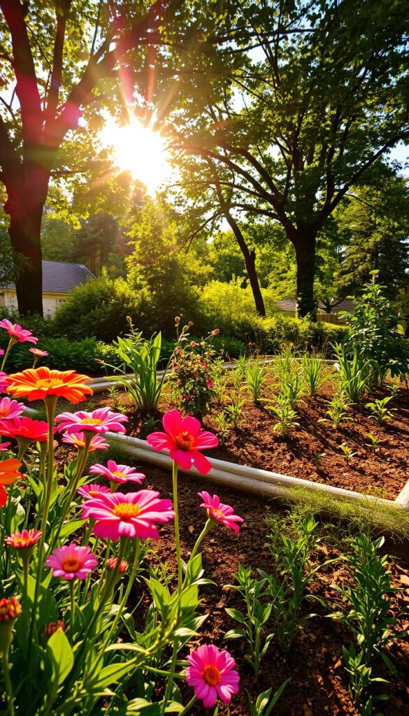 A lush, verdant garden bathed in warm, golden sunlight. In the foreground, a vibrant array of blooming flowers sway gently in a soft breeze, their petals glowing with an inner radiance. The middle ground features a well-tended flowerbed, its soil rich and loamy, dotted with thriving plants reaching towards the sky. In the background, a canopy of leafy trees casts a dappled pattern of light and shadow, creating a serene, idyllic atmosphere. The scene is captured through a wide-angle lens, emphasizing the expansive, sun-drenched nature of the garden. The overall mood is one of tranquility, vitality, and the joyful embrace of nature's abundant beauty under the sun's warm embrace.