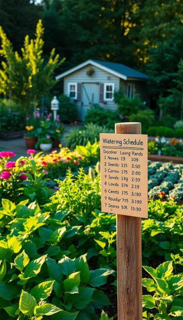 A lush, verdant garden bathed in warm, golden sunlight. In the foreground, a wooden garden stake with a hand-drawn watering schedule, detailing the ideal watering regimen for different plants and beds. The middle ground showcases an assortment of thriving flora, each with their own watering needs - leafy greens, vibrant flowers, and neatly arranged rows of vegetables. In the background, a quaint garden shed, its weathered siding contrasting with the vibrant greenery. The scene conveys a sense of tranquility and organized productivity, with the watering schedule as the focal point guiding the viewer's attention. A lush, verdant garden bathed in warm, golden sunlight. In the foreground, a wooden garden stake with a hand-drawn watering schedule, detailing the ideal watering regimen for different plants and beds. The middle ground showcases an assortment of thriving flora, each with their own watering needs - leafy greens, vibrant flowers, and neatly arranged rows of vegetables. In the background, a quaint garden shed, its weathered siding contrasting with the vibrant greenery. The scene conveys a sense of tranquility and organized productivity, with the watering schedule as the focal point guiding the viewer's attention.