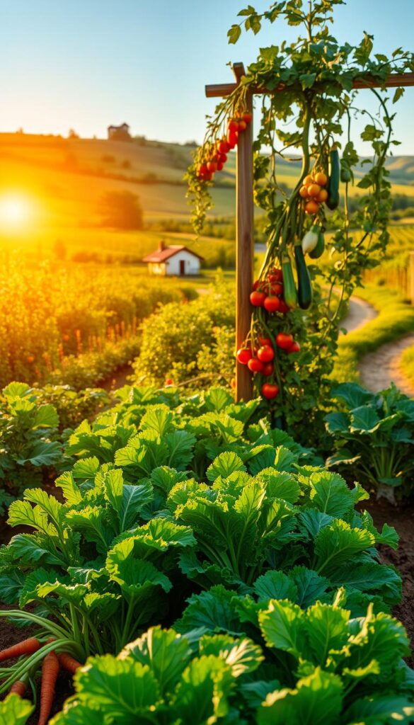 A lush, verdant garden bathed in warm, golden sunlight. In the foreground, rows of vibrant vegetables thriving - carrots, radishes, lettuce, and kale - their leaves gently swaying in a soft, refreshing breeze. In the middle ground, a wooden trellis supports climbing vines heavy with plump tomatoes and zucchini. The background reveals a picturesque landscape - rolling hills dotted with fruit trees in full bloom, a winding path leading towards a charming farmhouse. The scene exudes a sense of abundance, nourishment, and the joyful rhythm of the growing season.