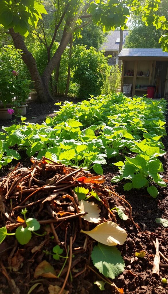 A lush, verdant garden bed filled with a bounty of thriving plants, their vibrant foliage and blossoms contrasting against the rich, dark soil. In the foreground, a pile of decomposing organic matter - leaves, twigs, and vegetable scraps - being transformed into nutrient-dense compost. Sunlight filters through the canopy above, casting a warm, golden glow over the scene. The air is filled with the earthy, fragrant aroma of the decomposing matter, hinting at the abundant life and fertility within the soil. In the background, a neatly arranged tool shed, signifying the diligence and care taken in maintaining this thriving, sustainable garden ecosystem.
