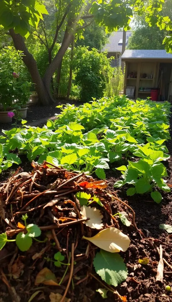 A lush, verdant garden bed filled with a bounty of thriving plants, their vibrant foliage and blossoms contrasting against the rich, dark soil. In the foreground, a pile of decomposing organic matter - leaves, twigs, and vegetable scraps - being transformed into nutrient-dense compost. Sunlight filters through the canopy above, casting a warm, golden glow over the scene. The air is filled with the earthy, fragrant aroma of the decomposing matter, hinting at the abundant life and fertility within the soil. In the background, a neatly arranged tool shed, signifying the diligence and care taken in maintaining this thriving, sustainable garden ecosystem. A lush, verdant garden bed filled with a bounty of thriving plants, their vibrant foliage and blossoms contrasting against the rich, dark soil. In the foreground, a pile of decomposing organic matter - leaves, twigs, and vegetable scraps - being transformed into nutrient-dense compost. Sunlight filters through the canopy above, casting a warm, golden glow over the scene. The air is filled with the earthy, fragrant aroma of the decomposing matter, hinting at the abundant life and fertility within the soil. In the background, a neatly arranged tool shed, signifying the diligence and care taken in maintaining this thriving, sustainable garden ecosystem.
