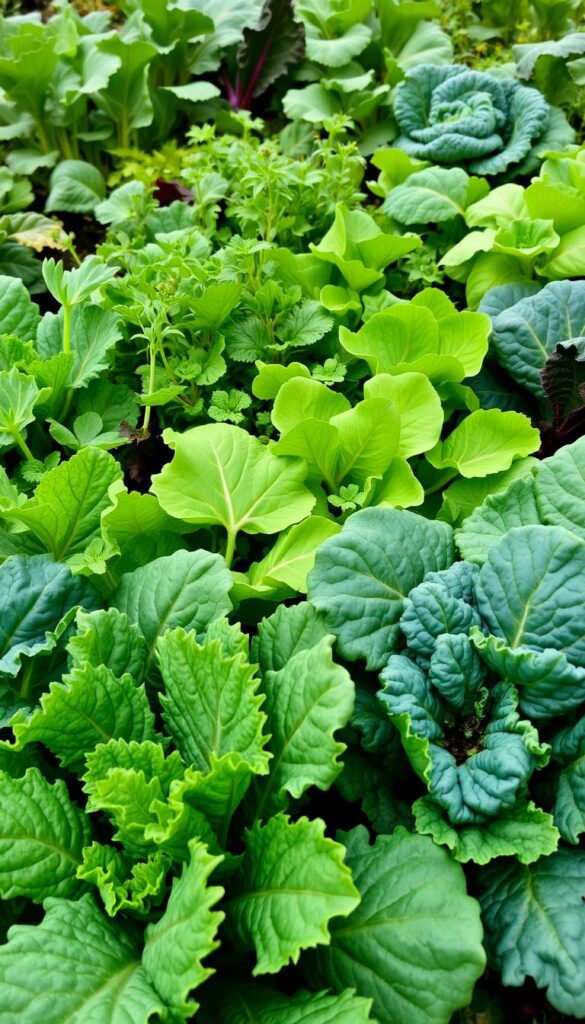 A lush, verdant garden bed filled with a variety of frost-tolerant greens. In the foreground, vibrant kale and spinach plants with broad, textured leaves glow under a soft, overcast light. In the middle ground, delicate arugula and baby lettuce sprouts sway gently in a light breeze. The background features a mix of hardy chard, collards, and mustard greens, their serrated leaves adding depth and contrast. The scene is bathed in a cool, early spring atmosphere, with a sense of gentle resilience and the promise of abundant, nutritious produce to come.