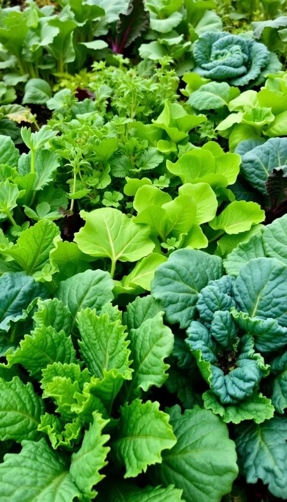 A lush, verdant garden bed filled with a variety of frost-tolerant greens. In the foreground, vibrant kale and spinach plants with broad, textured leaves glow under a soft, overcast light. In the middle ground, delicate arugula and baby lettuce sprouts sway gently in a light breeze. The background features a mix of hardy chard, collards, and mustard greens, their serrated leaves adding depth and contrast. The scene is bathed in a cool, early spring atmosphere, with a sense of gentle resilience and the promise of abundant, nutritious produce to come. A lush, verdant garden bed filled with a variety of frost-tolerant greens. In the foreground, vibrant kale and spinach plants with broad, textured leaves glow under a soft, overcast light. In the middle ground, delicate arugula and baby lettuce sprouts sway gently in a light breeze. The background features a mix of hardy chard, collards, and mustard greens, their serrated leaves adding depth and contrast. The scene is bathed in a cool, early spring atmosphere, with a sense of gentle resilience and the promise of abundant, nutritious produce to come.