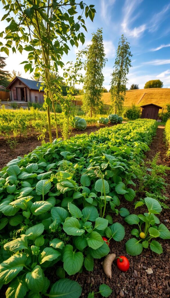 A lush, verdant garden bed with rows of diverse vegetables in various stages of growth. The foreground features a mix of leafy greens, vibrant root vegetables, and trailing vines, all thriving in the rich, loamy soil. In the middle ground, tall brassicas and tomato plants tower over the understory, their leaves casting dappled shadows. The background reveals a quaint garden shed and a gently sloping hillside, bathed in warm, golden sunlight that filters through wispy clouds. The scene exudes a sense of harmony, efficiency, and the natural cycle of growth and renewal inherent in succession planting. Shot with a wide-angle lens to capture the full depth and breadth of the thriving garden. A lush, verdant garden bed with rows of diverse vegetables in various stages of growth. The foreground features a mix of leafy greens, vibrant root vegetables, and trailing vines, all thriving in the rich, loamy soil. In the middle ground, tall brassicas and tomato plants tower over the understory, their leaves casting dappled shadows. The background reveals a quaint garden shed and a gently sloping hillside, bathed in warm, golden sunlight that filters through wispy clouds. The scene exudes a sense of harmony, efficiency, and the natural cycle of growth and renewal inherent in succession planting. Shot with a wide-angle lens to capture the full depth and breadth of the thriving garden.