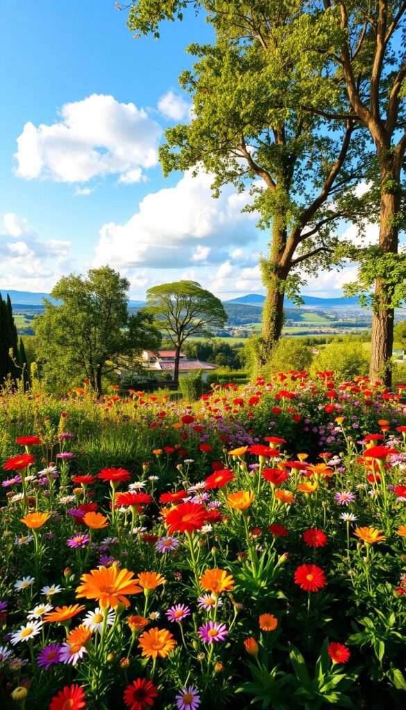 A lush, verdant garden blooming with vibrant seasonal flowers and foliage. In the foreground, a bountiful mix of colorful annuals and perennials sway gently in the soft, warm breeze. The middle ground features towering trees and shrubs, their leaves casting dappled shadows across the landscape. In the background, a picturesque vista of rolling hills and a clear blue sky with fluffy white clouds. The lighting is natural and golden, creating a serene, inviting atmosphere. Captured with a wide-angle lens to showcase the depth and breadth of this enchanting seasonal garden. A lush, verdant garden blooming with vibrant seasonal flowers and foliage. In the foreground, a bountiful mix of colorful annuals and perennials sway gently in the soft, warm breeze. The middle ground features towering trees and shrubs, their leaves casting dappled shadows across the landscape. In the background, a picturesque vista of rolling hills and a clear blue sky with fluffy white clouds. The lighting is natural and golden, creating a serene, inviting atmosphere. Captured with a wide-angle lens to showcase the depth and breadth of this enchanting seasonal garden.