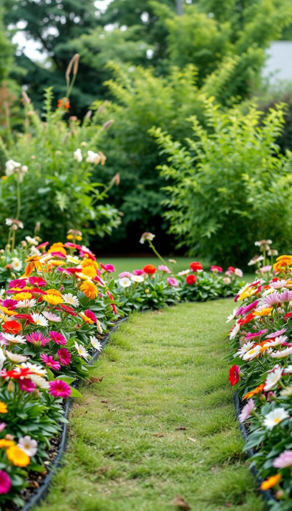 A lush, verdant garden border with a simple yet elegant edging layout. Vibrant perennial flowers in a mix of bright hues and soft pastels line the well-defined edges, creating a natural frame around the yard. The lighting is soft and diffused, capturing the delicate petals and gentle shadows. The camera angle is slightly elevated, providing a sweeping view of the carefully curated border design. The overall atmosphere is one of tranquility and balance, inviting the viewer to step into this serene outdoor space. A lush, verdant garden border with a simple yet elegant edging layout. Vibrant perennial flowers in a mix of bright hues and soft pastels line the well-defined edges, creating a natural frame around the yard. The lighting is soft and diffused, capturing the delicate petals and gentle shadows. The camera angle is slightly elevated, providing a sweeping view of the carefully curated border design. The overall atmosphere is one of tranquility and balance, inviting the viewer to step into this serene outdoor space.