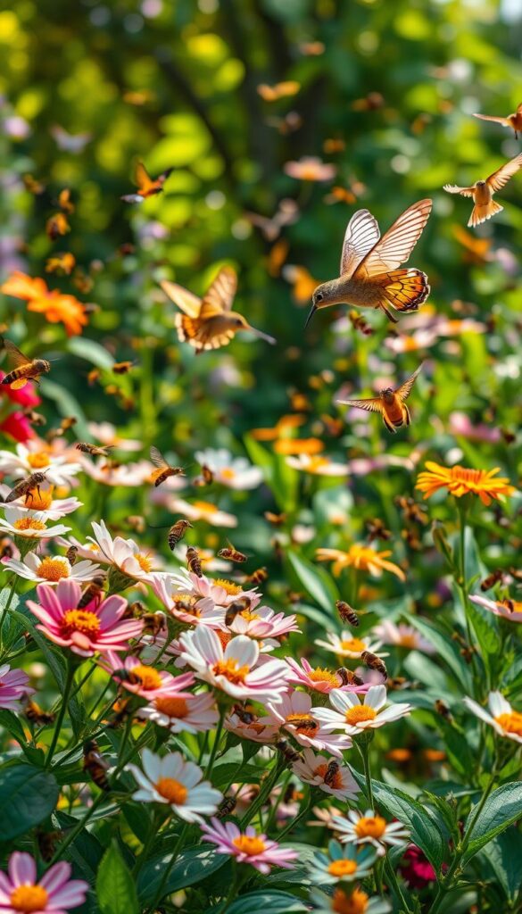 A lush, verdant garden bursting with vibrant life. In the foreground, a swarm of industrious bees hover and dart among the delicate petals of blooming flowers. Graceful butterflies in a kaleidoscope of colors flutter and dance, their wings catching the soft, warm sunlight that filters through the canopy above. A curious hummingbird hovers, its iridescent feathers shimmering as it sips nectar from a vibrant blossom. In the background, a flurry of moths flit and flutter, their intricate patterns blending seamlessly with the foliage. The scene is captured with a shallow depth of field, emphasizing the dynamic interactions between these captivating pollinators and the lush, flourishing garden.