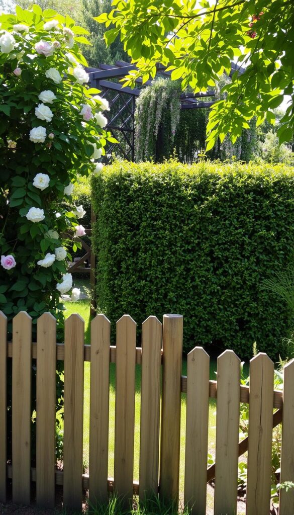 A lush, verdant garden corner with a tranquil atmosphere. In the foreground, a simple wooden fence, its weathered planks casting gentle shadows. Climbing vines and flowering shrubs cascade over the barrier, creating a natural screen. In the middle ground, a neatly trimmed hedge, its dense foliage forming a living privacy wall. Dappled sunlight filters through the leaves, casting a warm, inviting glow. In the background, a decorative trellis or lattice structure, draped with climbing roses or jasmine, adding depth and layering to the scene. The overall mood is one of serenity and seclusion, a peaceful oasis within the larger garden.