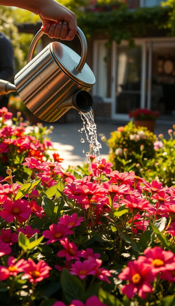 A lush, verdant garden filled with vibrant flowers in the foreground, with a person gently watering them using a traditional metal watering can. The sun casts a warm, golden glow over the scene, illuminating the droplets of water as they fall onto the thirsty petals. In the background, a tranquil patio or seating area invites the viewer to pause and admire the flourishing blooms. The composition emphasizes the calming, nurturing act of watering, captured with a sense of care and attention to detail. The overall mood is one of serenity, harmony, and the rejuvenating power of nature in the summer heat.